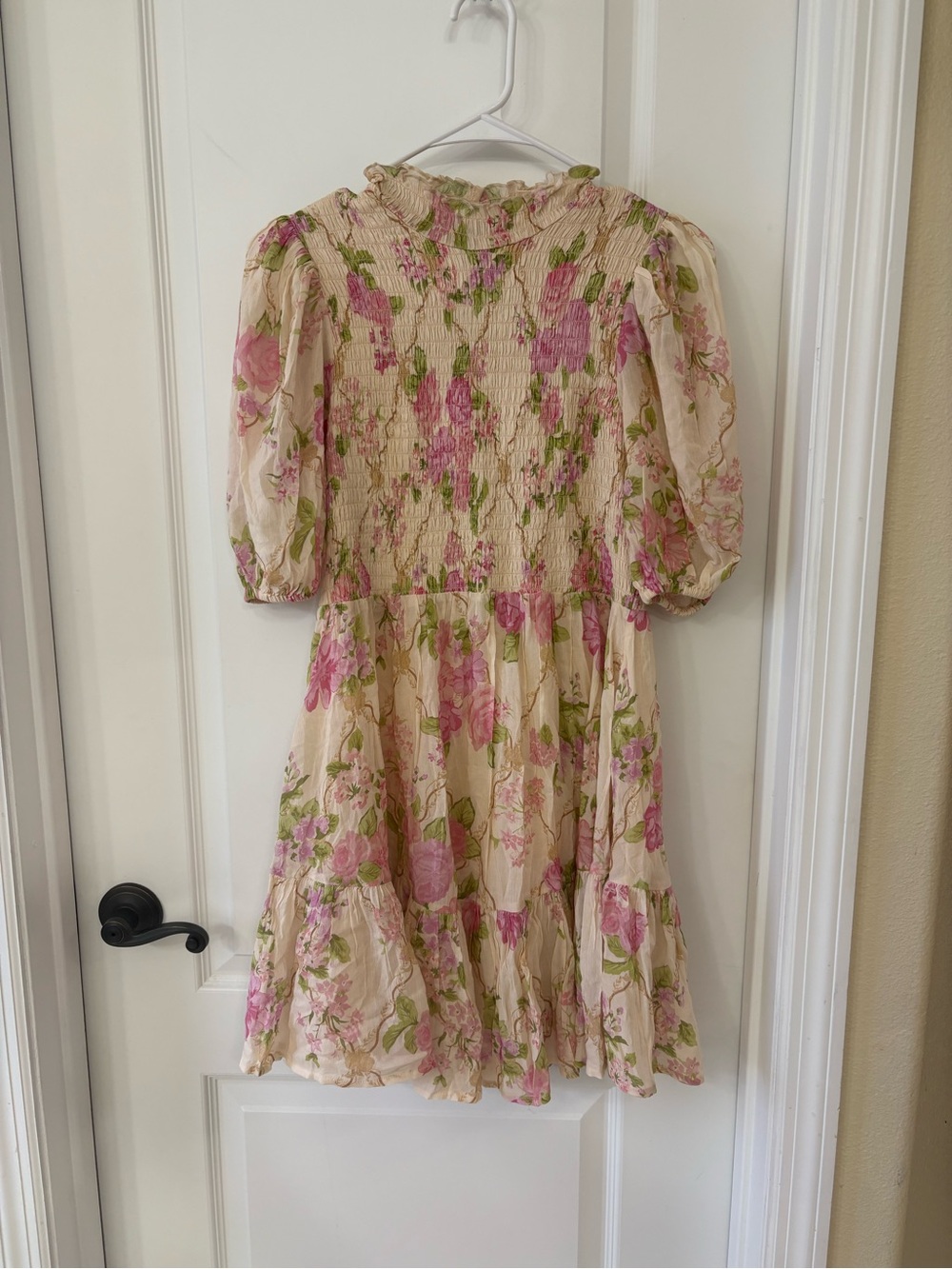Spell & The Gypsy Collective XS Pink Floral Smocked Midi Dress Puff Sleeve